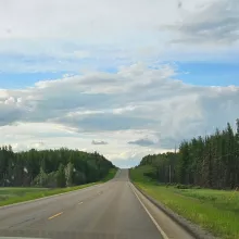 Road, trees and clouds